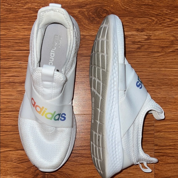 adidas White Slip-On Athletic Shoes with Rainbow Logo